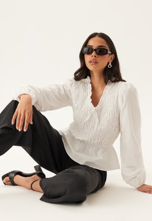 Bubbleroom - Cotton Smock Blouse - White - Kläder