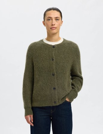 Selected Slflulu Ls Knit Short Cardigan Noos - Khaki green - XS