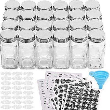 12 Glas Krydderiglas/Flasker - med 20 Krydderietiketter - Rystelåg og Forseglede Metallåg - Inkluderer Sammenklappelig Silikone Tragt