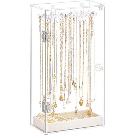 Jewelry Stand, Smyckesorganisatör med Sammetbricka, Dammtät 24 Krokar Halsbandshållare Förvaring, Klar Halsbandspresentationsställ
