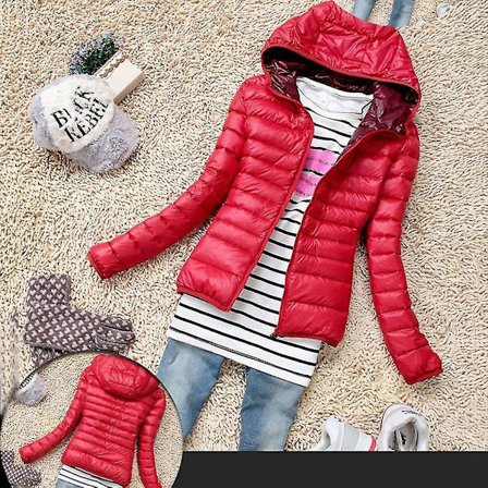 Varm vinterjakke med glidelås og hette for kvinner, langarmet