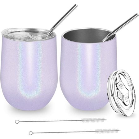 Vinglas med lock och sugrör, 2-pack 12oz isolerade vinglas i rostfritt stål, okrossbar kaffekopp