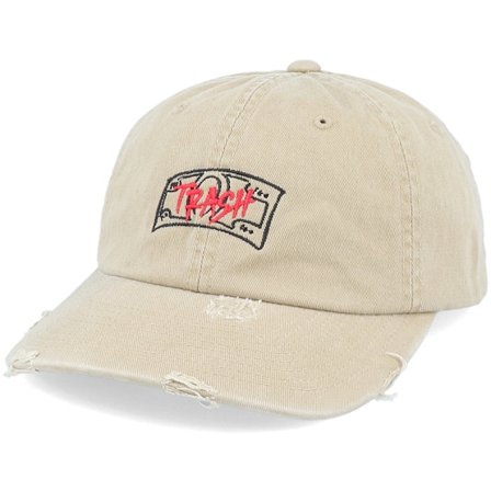 Hatstore - Beige unconstructed Cappellino - Cash Is Trash Ripped Khaki Dad Cap @ Hatstore