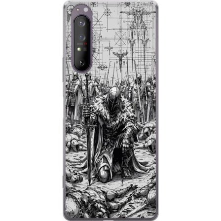 Yhteensopiva Puhelinkuori Sony Xperia 1 II Keskiaikainen ritari soturi taistelukenttä mustavalkoinen eeppinen sotajoukko miekat synkkä fantasia pans