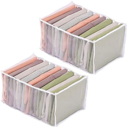 Sett med 2 sammenleggbare organisatorer i stoff, sammenleggbar boksorganisator med 9 rom, oppbevaringsboks for jeans, T-skjorte, jeans, skjorte, 