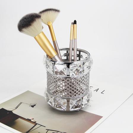 Sminkborste Med Kristallpenna Och Skrivbordsförvaringsrör Silver- 10cm*10cm*12cm