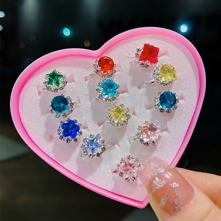 12 kpl säädettävää sormusta tytöille, prinsessakorut sydämenmuotoisella rasialla, leikki- ja pukeutumissormukset lapsille