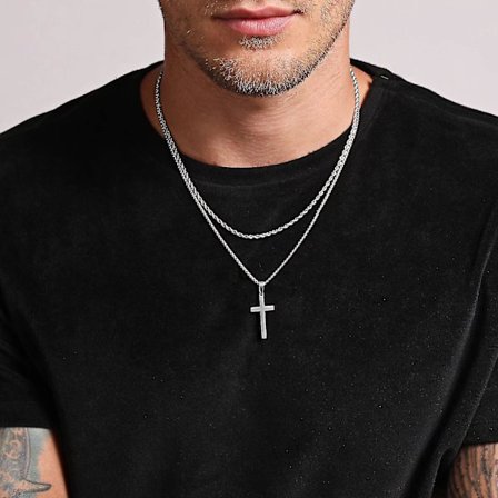 Korshalskjede for menn, rustfritt stål sølv svart gull lagdelt tau-kjede korsanheng halskjede enkle smykker gave