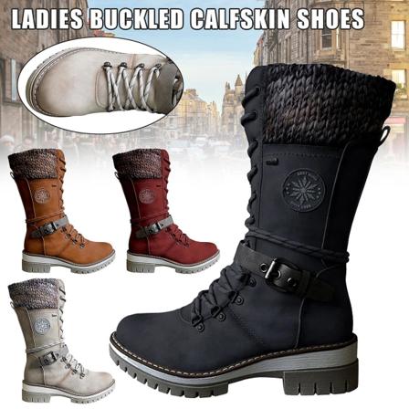 Kvinnor spänne spets stickade mid-calf stövlar Låg klack rund tå stövlar Red 39