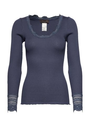 Silk T-Shirt W/ Lace T-shirts & Tops Long-sleeved Blå Rosemunde