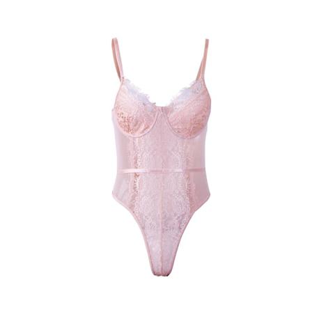 Sexiga underkläder för kvinnor Hollow Out Blommig spets Body Shapewear One Piece Underkläder Deep V Teddy Babydoll Underkläder Korsett Toppar Pink L