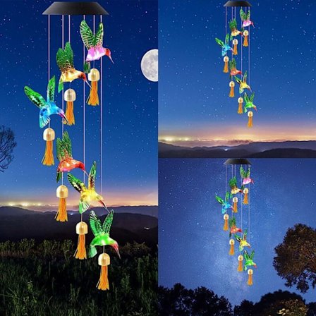 Kolibri solcelledrevet vindspil med LED-lys til udendørs brug