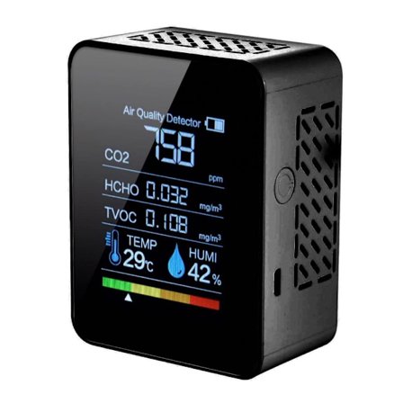 5-in-1 hiilidioksidimittari, sisäilman laadunvalvontalaite, digitaalinen CO2-, TVOC-, HCHO-, lämpötila- ja kosteusmittari taustavalolla (musta)