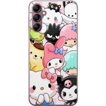 Kompatibelt Mobildeksel til Samsung Galaxy A14 5G Tett mønster av søte figurer med store øyne i ulike farger og uttrykk med LABUBU-tekst