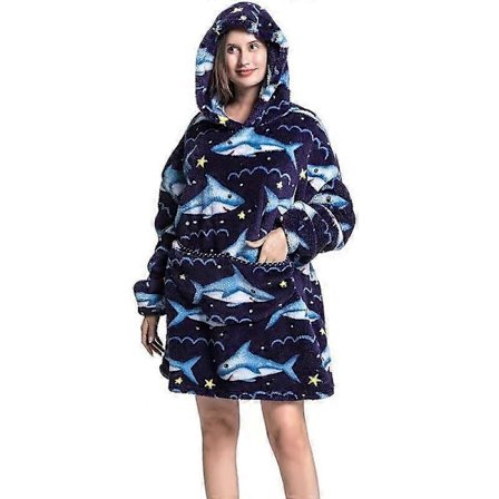 Trendy Makohai-mønstret Halloween-gaver for ungdommer - Oversized mørkeblå pleddgenser med lange ermer SYR116