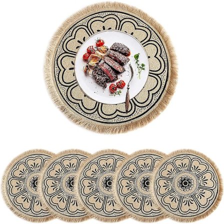 Runda vävda bordstabletter i jute, set om 6, 38 cm, bordsunderlägg med fransar och tofsar, återanvändbara, bohemiska, lantliga, rustika, för fester, 