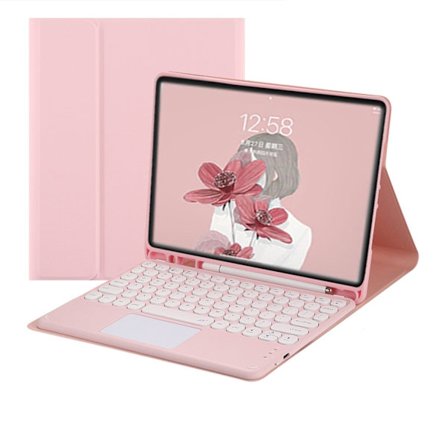 Sødt tastaturcover med runde farvede taster og touchpad, pink