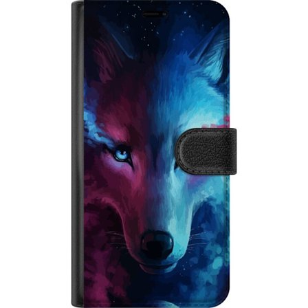 Kompatibel Tegnebogsetui til Nothing Phone (3a) Pro Nærbillede af ulv i blå og lilla farveskema med asymmetriske øjne, kunstnerisk illustration med