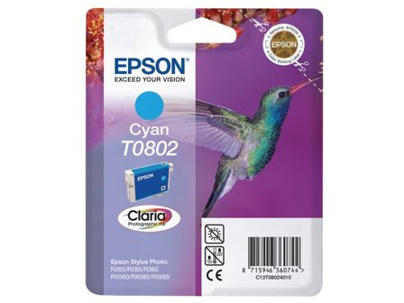 Epson Bläckpatron T0802, C13T08024010, Hummingbird, Claria Photographic-bläck, cyan, singelförpackning - Lyreco - Toner och bläck - Bläckpatroner - 