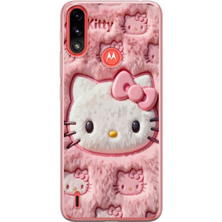 Kompatibel Mobilcover til Motorola Moto E7 Power Hello Kitty lyserød fluffy baggrund med ikonisk ansigt og kawaii-æstetik