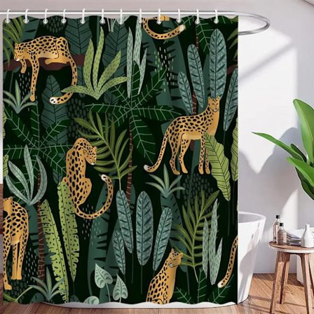 Boho Gepard Bruseforhæng, Tropisk Leopard Wildlife Badeforhæng, Moderne Badeværelsesforhæng Pink Æstetisk Månefase Blå Blomstret, 220x180cm-86x70in