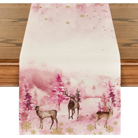 Vattenfärgshjort, träd och snöflingor julbordstablett, säsongsbetonad vinter jul semester kök matbord inredning 13 x 90 tum, rosa