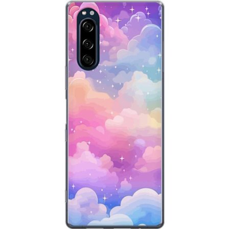 Kompatibelt Mobildeksel til Sony Xperia 5 Søt enhjørning med regnbuefarget hår mot en stjernebelagt pastellbakgrunn i kawaii-stil