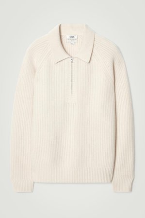 COS Men's Collared Merino Wool Yak Blend Half Zip Jumper in White