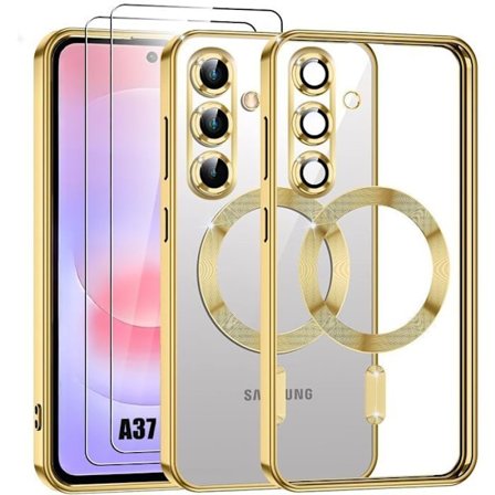 Cover til Samsung Galaxy A37 5G, TPU-beskyttelse med magnetisk cirkel - Guld - 2 hærdede glas