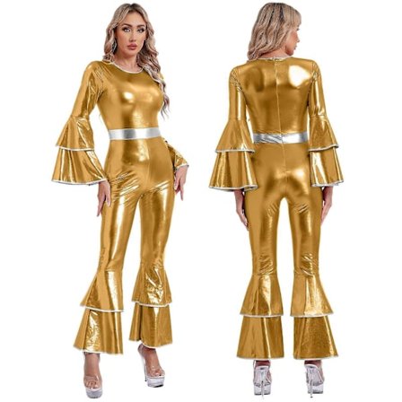 Dame Vintage 70-talls Disco Glitrende Jumpsuit Bell Bottom Hippie Romper Cheerleading Uniform Halloween Cosplay Temafest Kostyme gold_max