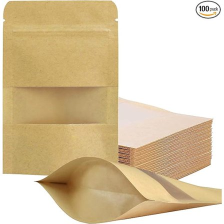 100 kpl uudelleensuljettavia pusseja 3,5" x 5,5" seisova kraft-paperipusseja mattalla