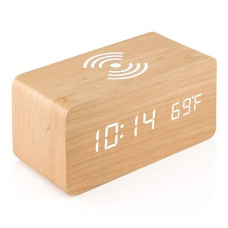 Træ Vækkeur med Trådløs Oplader Kompatibel med iPhone Samsung Træ LED Digitalt Ur Lydkontrol Funktion, Tid, Dato, Temperatur