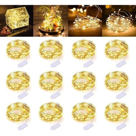 12x Lys Kæder Varm Hvid - LED Lys - Julelys - Juletræslys - Batteridrevet - Mini Lampe - Kobbertråd - Dekorativt Lys