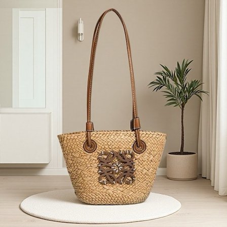 Fransk håndvevd veske, stor kapasitet, stråveske, tote bag, skulderveske i feriestil