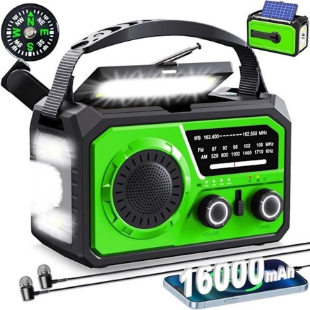 16000mAh Nødradio | Solradio med Håndsving, USB-Opladning, 3-Trins Lommelygte, SOS-Alarm & Indbygget Kompas