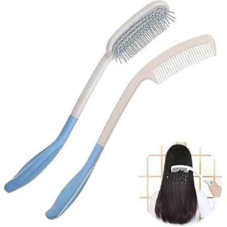 Kam og hårbørstesæt med langt håndtag, egnet til ældre og handicappede med begrænset mobilitet i overkroppen (2-delt sæt)