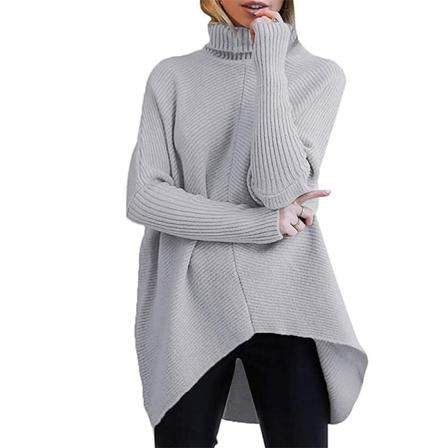 Dam Warm Longline Oregelbunden Fåll Stickade Tröjor Med Hög Hals