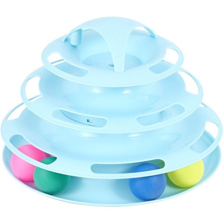 3-nivåers kattespor med interaktiv ballleke og fjærleke for katter, blå