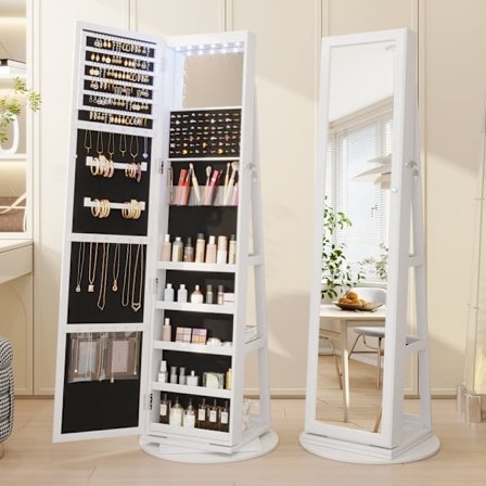 UNIQ smyckeskåp med spegel – Elegant roterande smyckeskåp i trä med dörrar och stor spegel (55 cm)