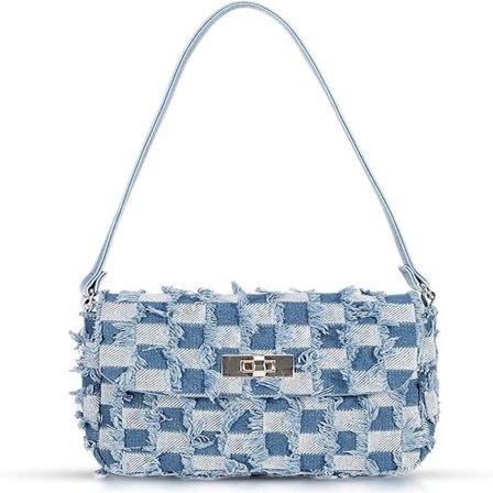 Tygväska, Mjuk handväska i denimtyg, Axelväska med schackmönster och tofsar, Handväskor för kvinnor, Semesterresa, Vardagsmatchning (Ljus)