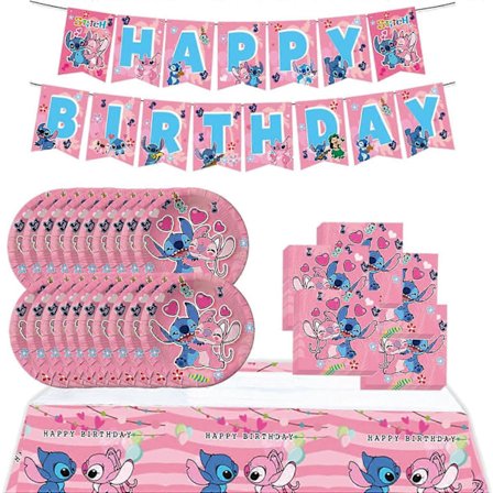 Rosa Stitch Party Födelsedagsdekorationer, Tecknad Stitch Tema Party Servis med Grattis på Födelsedagen Banner, Duk, 20 Engångs 7" Papperstallrikar