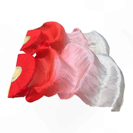 Red to White Folding Bamboo Veil for Stage Performances and Dance Shows - Long Belly Dance Fan with Silk Material