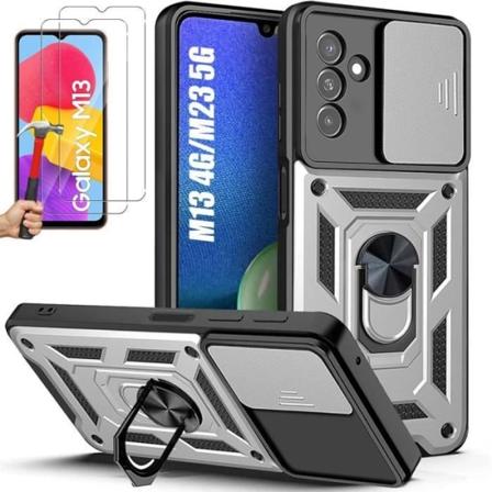 Etui til Samsung Galaxy M13 - M23 5G sølv stødsikker forstærket ring bagpå + 2 hærdede briller