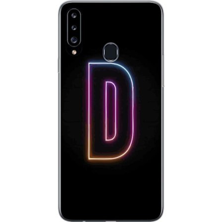 Kompatibel Mobilcover til Samsung Samsung Galaxy A20s Minimalistisk neonbogstav D i farveskiftende lys mod sort baggrund i moderne digital design