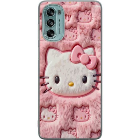 Kompatibelt Mobildeksel til Motorola Moto G62 5G Hello Kitty rosa fluffy bakgrunn med ikoniskt ansikt og kawaii-estetikk