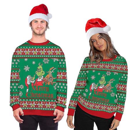 Christmas Grinch Print Par Løs Mote Rundhals Funny Ugly Christmas Gensere Casual Pullover CMK XXL