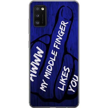 Kompatibelt Mobildeksel til Samsung Galaxy A41 Mørk typografisk illustrasjon med hjerteform og budskap om vennskap mot dyp blå tretekstur