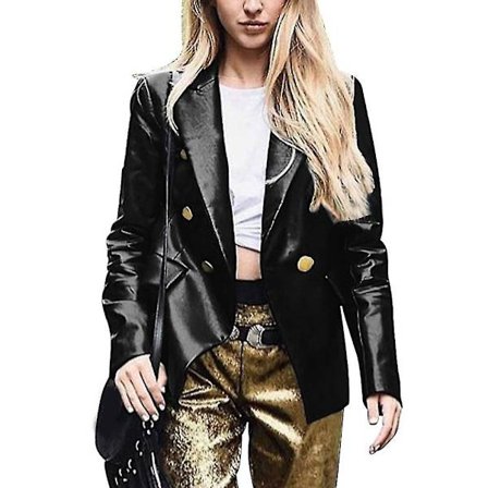 Kvinnor PU Läder Blazer Jackor Långärmad Knapp Dekoration Jackor Ny