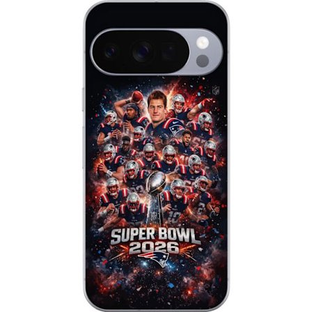 Yhteensopiva Puhelinkuori Google Pixel 10 Pro Super Bowl 2026 juliste, jossa New England Patriots ja NFL-mestaruuspalkinto räjähtävän urheilullisessa