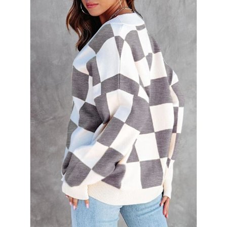 Rutig dam med v-ringad knapp och långärmad kabelstickad Oversized cardigan tröjor Toppar